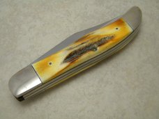 Case XX Stainless USA 3 Dot (1977) Stag 5265 SAB SSP Blue Scroll Folding Hunter Knife Case XX Stainless USA 3 Dot (1977) Stag 5265 SAB SSP Blue Scroll Folding Hunter Knife