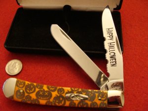 Case Halloween Trapper #6254 SS "Pumpkin Carver" with Etched Orange Bone Handles 2006