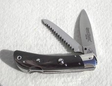 NOS CLASSIC ITALIAN AKC AUTO SPEED HUNTER FIRST RUN 2 BLADE WITH SAW, BRAZILIAN HORN WITH SHEATH