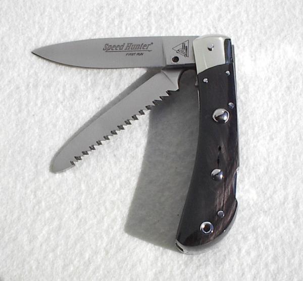 NOS CLASSIC ITALIAN AKC AUTO SPEED HUNTER FIRST RUN 2 BLADE WITH SAW, BRAZILIAN HORN WITH SHEATH