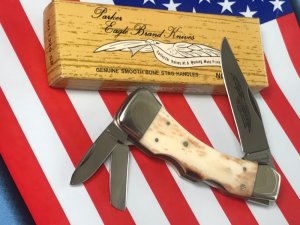Vintage Parker Eagle Brand Unusual 3 Blade Lock Back Knife w/ App Smooth Bone Handles -NOS +Orig Box