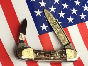 Battle Axe -Shouse & Hardin The Gambler w/ Dice Blade Etching, 2 Blade Stag Handle ButterBean Knife