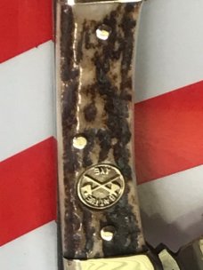 Battle Axe -Shouse & Hardin The Gambler w/ Dice Blade Etching, 2 Blade Stag Handle ButterBean Knife Battle Axe -Shouse & Hardin The Gambler w/ Dice Blade Etching, 2 Blade Stag Handle ButterBean Knife