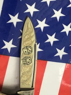 Battle Axe -Shouse & Hardin The Gambler w/ Dice Blade Etching, 2 Blade Stag Handle ButterBean Knife Battle Axe -Shouse & Hardin The Gambler w/ Dice Blade Etching, 2 Blade Stag Handle ButterBean Knife
