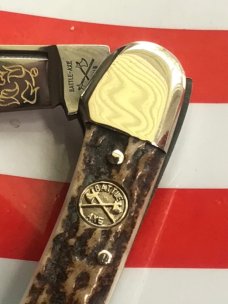 Battle Axe -Shouse & Hardin The Gambler w/ Dice Blade Etching, 2 Blade Stag Handle ButterBean Knife Battle Axe -Shouse & Hardin The Gambler w/ Dice Blade Etching, 2 Blade Stag Handle ButterBean Knife