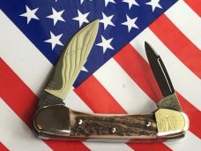 Battle Axe -Shouse & Hardin The Gambler w/ Dice Blade Etching, 2 Blade Stag Handle ButterBean Knife Battle Axe -Shouse & Hardin The Gambler w/ Dice Blade Etching, 2 Blade Stag Handle ButterBean Knife