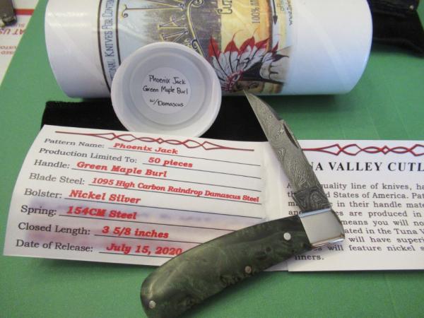 Tuna Valley 2020 Green Burl Rain Drop Damascus Phoenix Jack 1 of 50