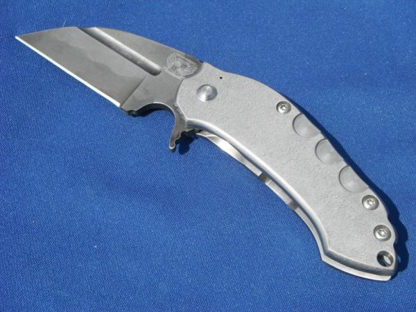 Discontinued Grindhouse Knives Custom DSK Flipper 3.5" 1095 Hamon Wharncliffe Blade, Titanium Handle