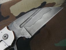 Discontinued Grindhouse Knives Custom DSK Flipper 3.5" 1095 Hamon Wharncliffe Blade, Titanium Handle Discontinued Grindhouse Knives Custom DSK Flipper 3.5" 1095 Hamon Wharncliffe Blade, Titanium Handle