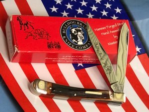 Bulldog Brand (Hand Made) 2 Blade Slim Trapper Pocket Knife w Great Redish Stag Handles -NOS + Box