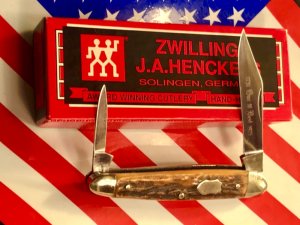 old  J A Henckels 2 Blade, 1/2 Serpentine Whittler with Stag Handles -1731 Our Best 1975 Blade Etch