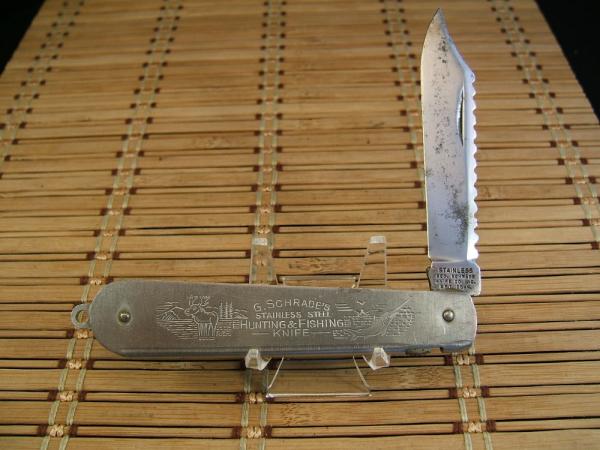 GEORGE SCHRADE KNIFE CO. U.S.A. VIN. 1928-46 HUNTING & FISHING LOCKBACK STAINLESS STEEL POCKET KNIFE GEORGE SCHRADE KNIFE CO. U.S.A. VIN. 1928-46 HUNTING & FISHING LOCKBACK STAINLESS STEEL POCKET KNIFE