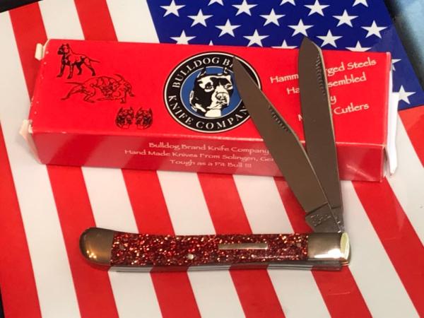 Bulldog Brand (Hand Made) 2 Blade Slim Trapper Pocket Knife w Great Red Sparkle Handles -NOS Bulldog Brand (Hand Made) 2 Blade Slim Trapper Pocket Knife w Great Red Sparkle Handles -NOS