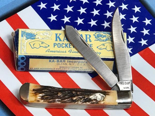 Ka-Bar ka bar Dog Head Large Trapper knife -Gnarly Thick Stag Handles -Collector Piece.. NOS & Mint Ka-Bar ka bar Dog Head Large Trapper knife -Gnarly Thick Stag Handles -Collector Piece.. NOS & Mint