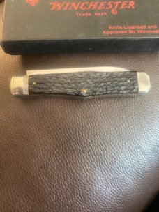 1987 Winchester 2921 Dark Bone Handles With Fancy Nickel Silver Bolsters A Nice Emblem & Two Blades 1987 Winchester 2921 Dark Bone Handles With Fancy Nickel Silver Bolsters A Nice Emblem & Two Blades