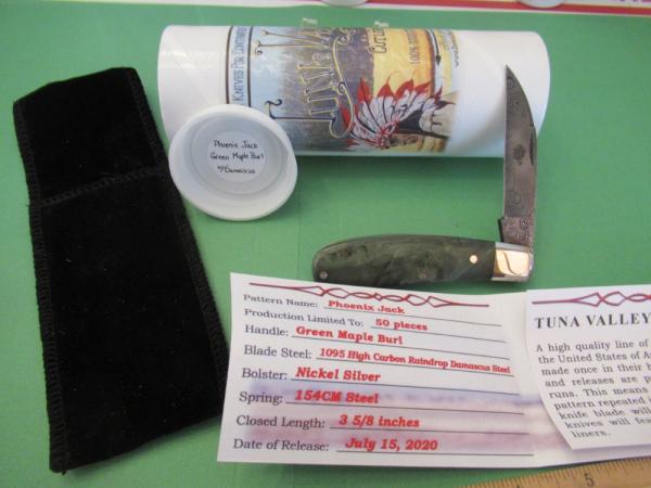 Tuna Valley 2020 Green Maple Burl Rain Drop Damascus Phoenix Jack 1 of 50
