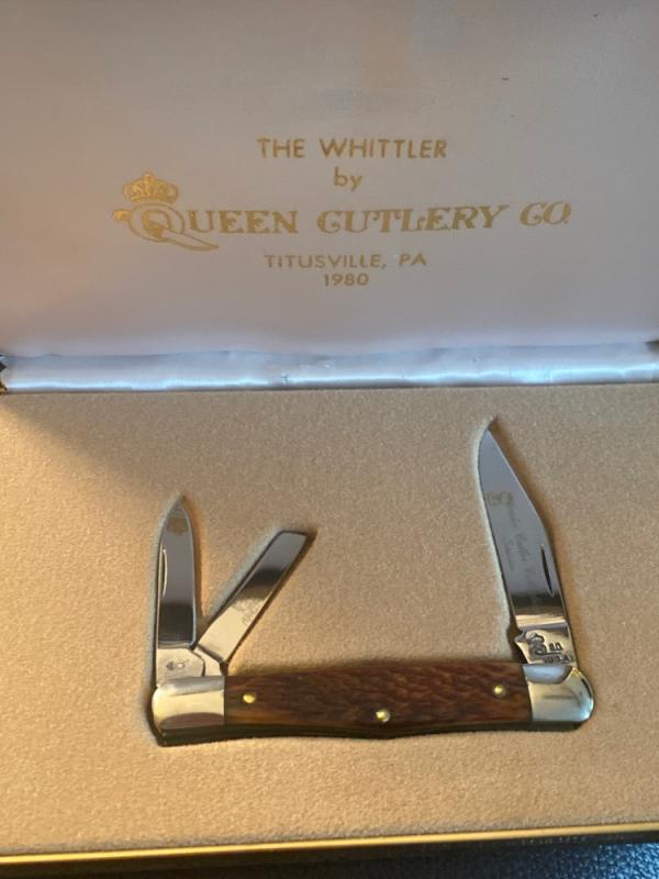 1980 THE WHITTLER BY QUEEN CUTLERY CO Bone Handle With Nickel Silver Bolster 3 Stainless Blades LE 1980 THE WHITTLER BY QUEEN CUTLERY CO Bone Handle With Nickel Silver Bolster 3 Stainless Blades LE