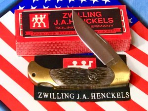 Vintage J A Henckels 4" Folding Lock Back Hunting/Hunter Knife with Grey Pick Bone Handles - NOS