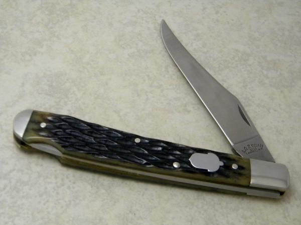 A.G. Russel 2003 Lowell, AR Green Bone Acorn Shield Banana Lockback Knife