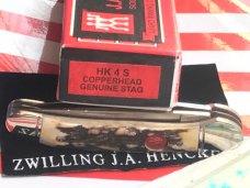 J A Henckels Copperhead Pocket Knife with Super Stag Handles! NOS w/ Orig Red Hard Cardboard Box J A Henckels Copperhead Pocket Knife with Super Stag Handles! NOS w/ Orig Red Hard Cardboard Box