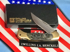 Vintage J A Henckels 4" Folding Lock Back Hunting/Hunter Knife w/ Grey/Greenish Bone Handles NOS