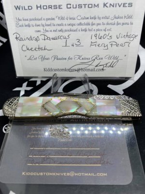 1 of only 3 made, wild horse custom cheetah w/ vintage fiery MOP handles & raindrop damascus blades