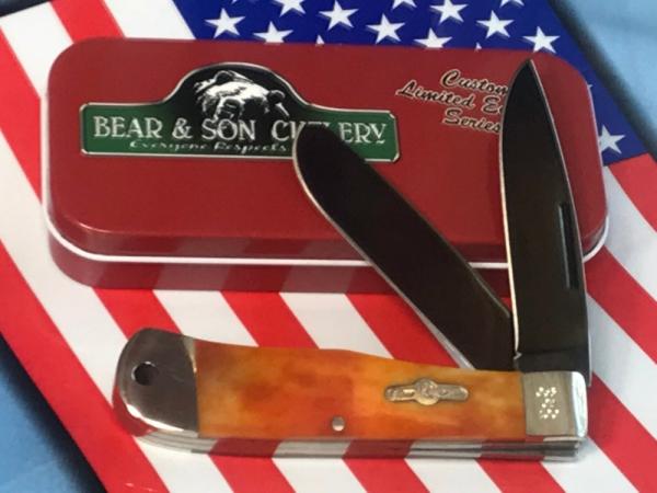 Bear & Son Custom 2 Blade Mountain Man Knife w/ Smooth Orange Bone Handles & Blued Handles -NOS Bear & Son Custom 2 Blade Mountain Man Knife w/ Smooth Orange Bone Handles & Blued Handles -NOS