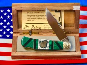 Brian Yellowhorse On Queen Mountain Man Knife w/ Green Stone Handles w/ Indian & Eagle Inlay -NOS