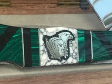 Brian Yellowhorse On Queen Mountain Man Knife w/ Green Stone Handles w/ Indian & Eagle Inlay -NOS Brian Yellowhorse On Queen Mountain Man Knife w/ Green Stone Handles w/ Indian & Eagle Inlay -NOS