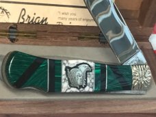 Brian Yellowhorse On Queen Mountain Man Knife w/ Green Stone Handles w/ Indian & Eagle Inlay -NOS Brian Yellowhorse On Queen Mountain Man Knife w/ Green Stone Handles w/ Indian & Eagle Inlay -NOS