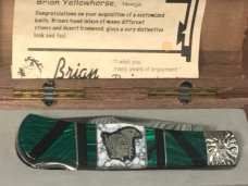 Brian Yellowhorse On Queen Mountain Man Knife w/ Green Stone Handles w/ Indian & Eagle Inlay -NOS Brian Yellowhorse On Queen Mountain Man Knife w/ Green Stone Handles w/ Indian & Eagle Inlay -NOS