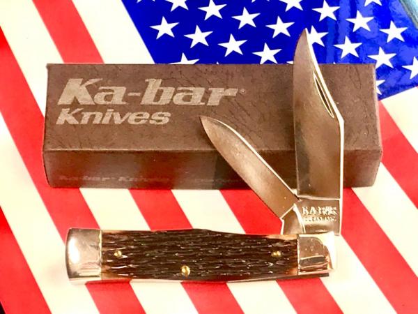 Vintage Ka-Bar 2 Blade Jack / GunStock Pocket Knife with Nice  Brown Bone Handles -NOS