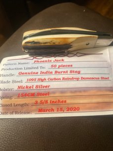 New Tuna Valley Phoenix Jack Burnt Super Fat Stag With Damascus Blades New In Tube New Tuna Valley Phoenix Jack Burnt Super Fat Stag With Damascus Blades New In Tube