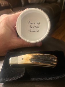 New Tuna Valley Phoenix Jack Burnt Super Fat Stag With Damascus Blades New In Tube New Tuna Valley Phoenix Jack Burnt Super Fat Stag With Damascus Blades New In Tube