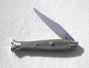 VINTAGE BELTRAME FISH STYLE 25CM ( PICKLOCK ) NICKEL SILVER BOLSTERS LIGHT HORN ITALIAN STILETTO 