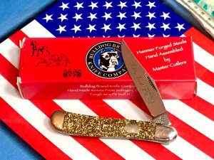 Bulldog Brand (Hand Made) Single Blade Trapper Pocket Knife w Great Gold Sparkle Handles -NOS