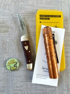 Great Eastern Tidiuote Little Rattler 190120 Coral Micarta Knife, New,2.8" ,W/ Olight i5T CU