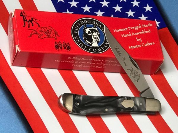 Bulldog Brand (Hand Made) Single Blade Trapper Pocket Knife w Great Black to Grey Swirl Handles -NOS Bulldog Brand (Hand Made) Single Blade Trapper Pocket Knife w Great Black to Grey Swirl Handles -NOS