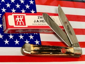 J A Henckels Hand Forged 2 Blade Trapper (HK-5-S) Super Matching Stag Handles -NOS +Orig Box