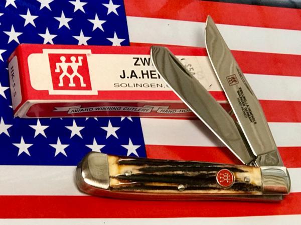 J A Henckels Hand Forged 2 Blade Trapper (HK-5-S) Super Matching Stag Handles -NOS +Orig Box J A Henckels Hand Forged 2 Blade Trapper (HK-5-S) Super Matching Stag Handles -NOS +Orig Box