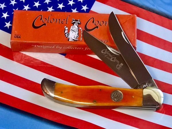 Colonel Coon (by Queen) 2 Blade Folding Hunter Knife w/ Harvest Orange Smooth Bone Handles -NOS