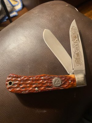 1988 Camillus USA NKCA Limited Edition #1765 Bone Handle Trapper With NKCA Sheild And Two Blades