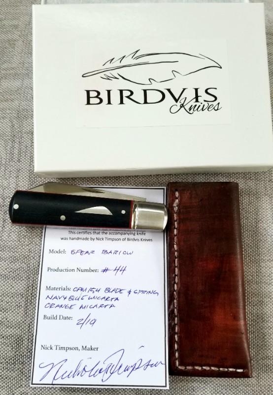 Birdvis Custom Spear Barlow Knife,NEW,W/SLIP,Micarta Scales,Cpm-154,3.625",integral bolsters Birdvis Custom Spear Barlow Knife,NEW,W/SLIP,Micarta Scales,Cpm-154,3.625",integral bolsters