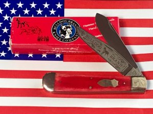 Bulldog 5 &1/2" Display Trapper Knife w Red Bone Handles & Standing Pit Bull Dog Blade Etch