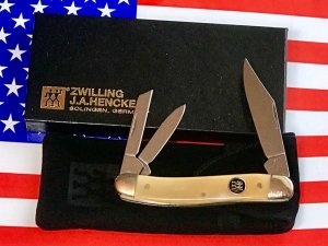  J A Henckels 3 Blade Whittler Pocket Knife w/ Fantastic Buffalo Horn Handles! NOS & M/NM