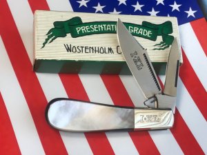 I*XL Barlow Pocket Knife w/ Black Lip Pearl & fiery Multi-Colored Handles -I*XL Blade Etch-IXL -NOS