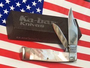 Vintage Ka-Bar 2 Blade Jack / GunStock Pocket Knife w/ Beautiful Fiery Mother of Pearl Handles -NOS