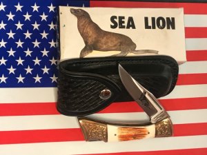 Vint Parker IMAI K-266 Lockback Hunter Knife w A Sea Lion Blade Etching -Orig Sheath & Box -NOS