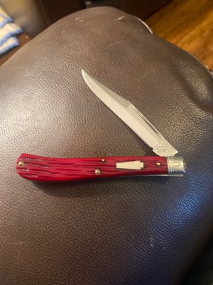 New 1992 Schatt & Morgan 041 811 Red Jigfed Bone Handle Slimline With Single Blade Plus SS Sheild 