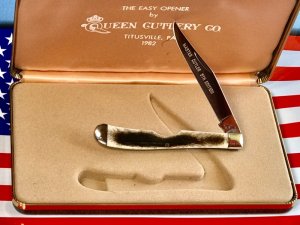 Queen Master Cutler 5th Edition, 1982 Single Blade Slim Farmers Trapper w/ Beautiful Bone Handles 